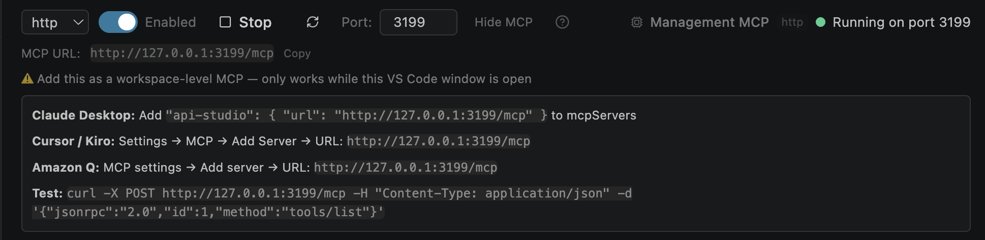 MCP connection instructions showing HTTP URL